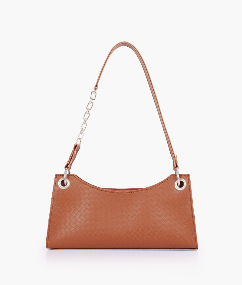 Brown weaved elongated chain handle purse