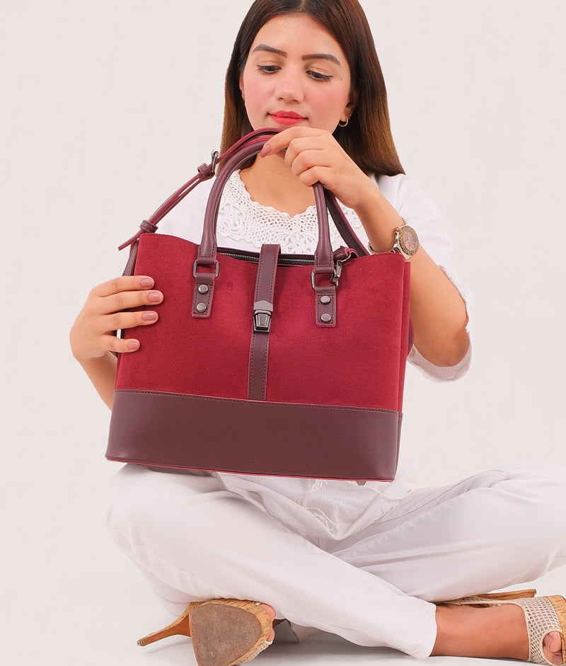 Burgundy suede multi-compartment shoulder bag